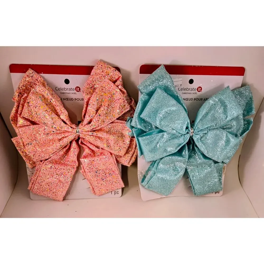 2 Large Christmas Wreath Bows Tree Topper Pink Blue Indoor Outdoor Holiday Decor